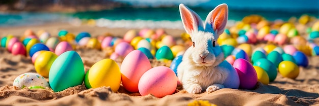 O coelho da Páscoa está descansando na praia foco seletivo