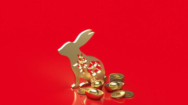O coelho de ouro e moedas chinesas para renderização em 3d do conceito de férias