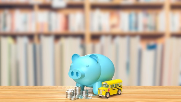 O cofrinho azul e o ônibus escolar na renderização 3d da sala da biblioteca