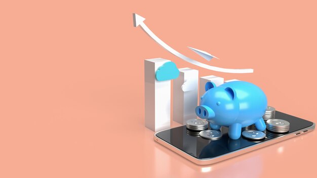 O cofrinho azul no celular e gráfico de negócios para aplicativos ou renderização 3d do conceito de internet banking