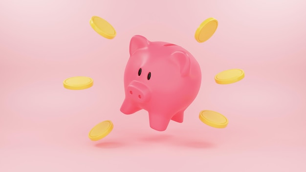 O cofrinho de dinheiro dos desenhos animados mantém moedas de ouro. Investimento financeiro seguro e serviços financeiros. renderização 3D