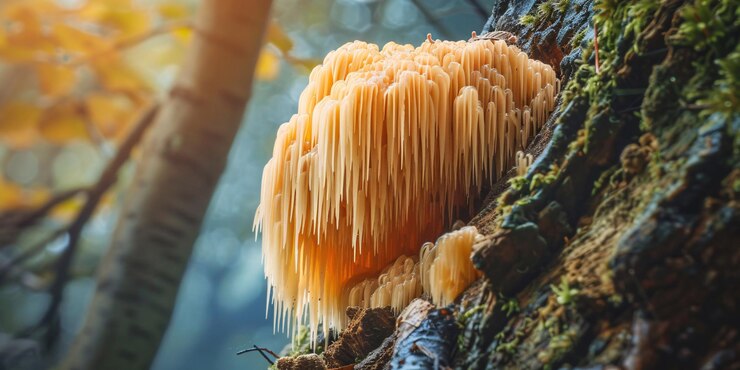 Foto o cogumelo da crina de leão, também conhecido como hericium erinaceus, tem propriedades medicinais e pode ser encontrado crescendo em árvores na floresta