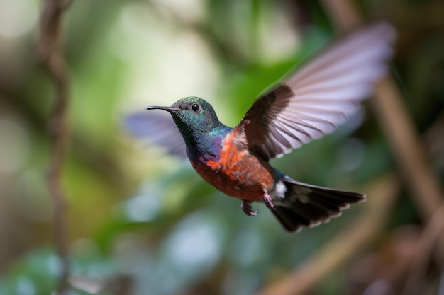 O colibri em voo, as suas pequenas asas a bater furiosamente, criado com uma ia generativa.