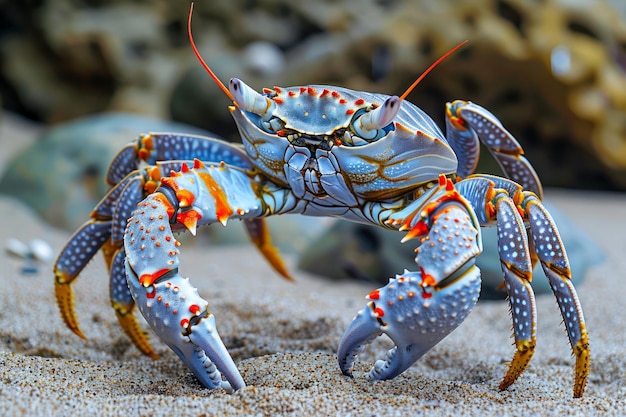 O colorido caranguejo arlequim em pé na praia de areia com fundo rochoso em seu habitat natural