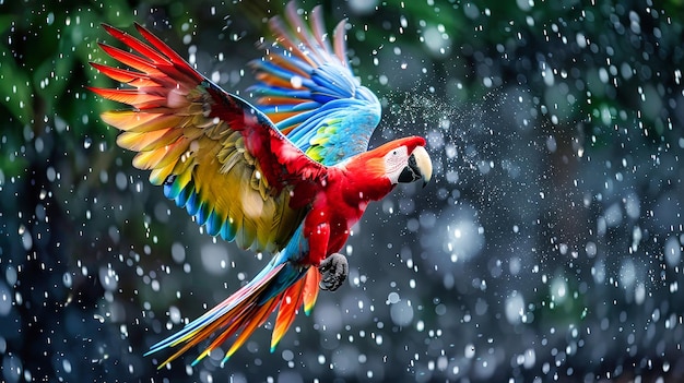 O colorido papagaio-mara voando pelo ar