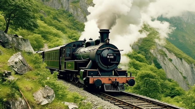 O comboio a vapor atravessa uma paisagem montanhosa rural