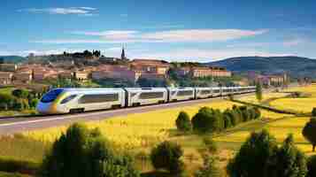 Foto o comboio eurostar a passar pelo campo francês.