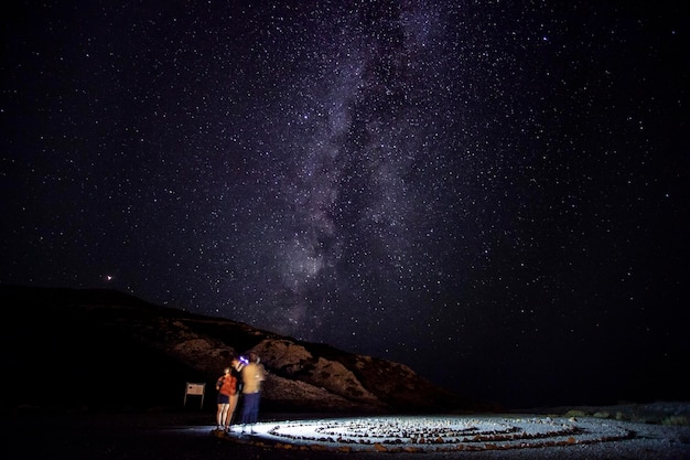 Foto o comprimento total de uma mulher de pé no campo contra o céu à noite