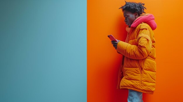 O comprimento total do jovem afro é retratado apoiado em um celular gigante com fundo de estúdio azul de tela branca Mockup é para um aplicativo ou site com espaço para publicidade