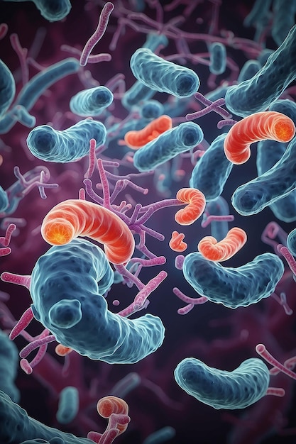 O conceito de agentes infecciosos, bactérias, bacilos e coli, parte do microbioma intestinal, imagem ampliada sob o microscópio, renderização 3D, ilustração 3D.