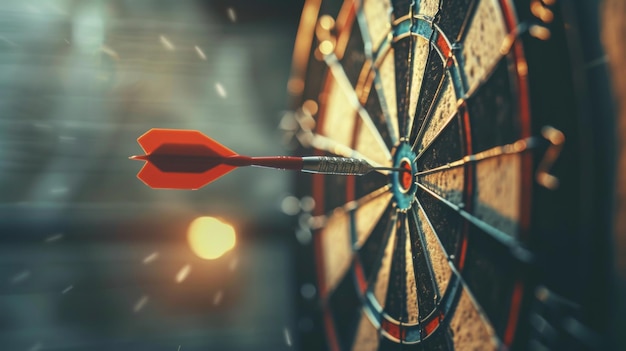Foto o conceito de alcançar objetivos comerciais pode ser comparado a uma flecha de dardo atingindo o centro do alvo