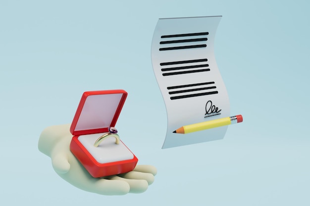 O conceito de casamento formal uma mão na qual uma caixa com um anel e uma certidão de casamento 3D renderiza