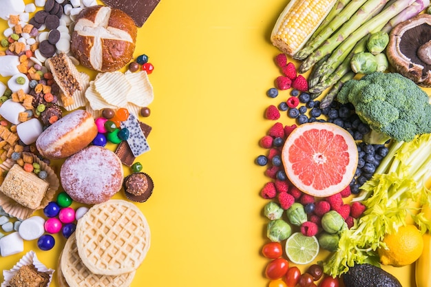 O conceito de comida saudável e insalubre Vista superior de frutas e legumes de fast-food e doces