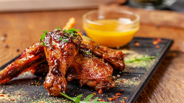 O conceito de cozinha indiana. Asas e pés de galinha cozidos no molho de mostarda do mel. Servindo pratos no restaurante em um prato preto. Especiarias indianas em uma mesa de madeira. imagem de fundo.