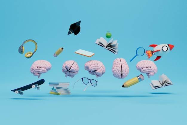 O conceito de educação cérebros fones de ouvido óculos livros chapéu de mestre skate em um fundo azul