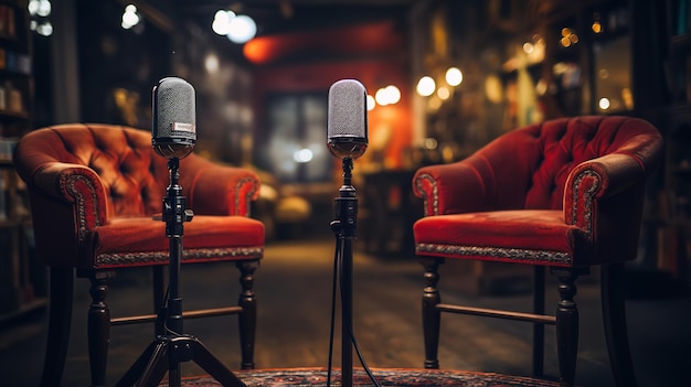 O conceito de entrevista de podcast envolve duas cadeiras e microfones em uma sala.