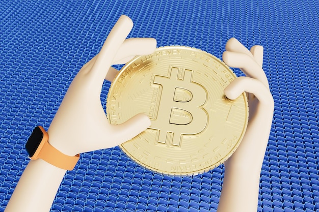 O conceito de ganhar dinheiro com as mãos de bitcoins segurando uma moeda de bitcoin em uma renderização 3D de fundo azul