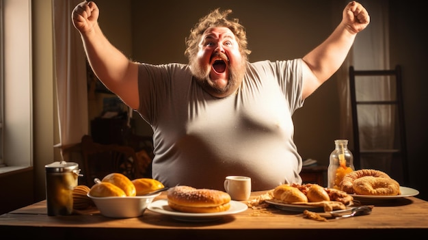 O conceito de jejum intermitente de um homem gordo desfrutando de comida
