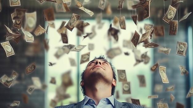 Foto o conceito de liberdade financeira e sucesso nos negócios o dinheiro cai na sua cabeça generative ai