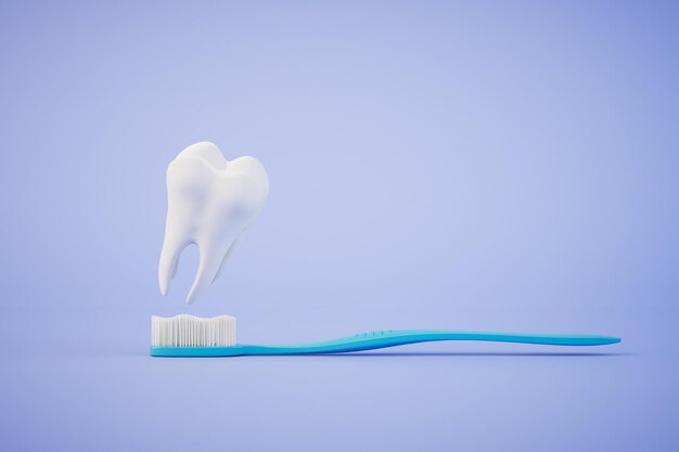 O conceito de limpeza adequada dos dentes e escova de dentes em uma renderização 3D de fundo azul