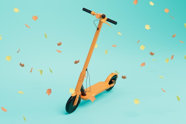 O conceito de movimento em uma scooter elétrica uma scooter elétrica amarela em torno da qual deixa a dispersão