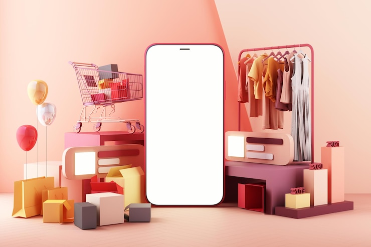 Foto o conceito de mulheres on-line comprando roupas em aplicativos de mídia social 3d tela de smartphone com saco de compras chat mensagem carrinho de compras em cor rosa pastel 3d renderização