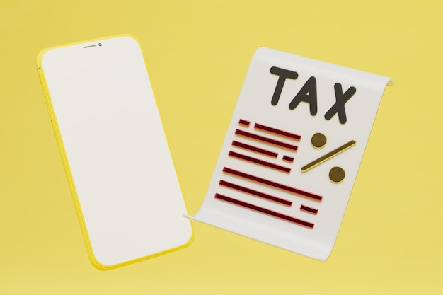 O conceito de pagamento de impostos, smartphone online e declaração de impostos em um fundo amarelo 3D render