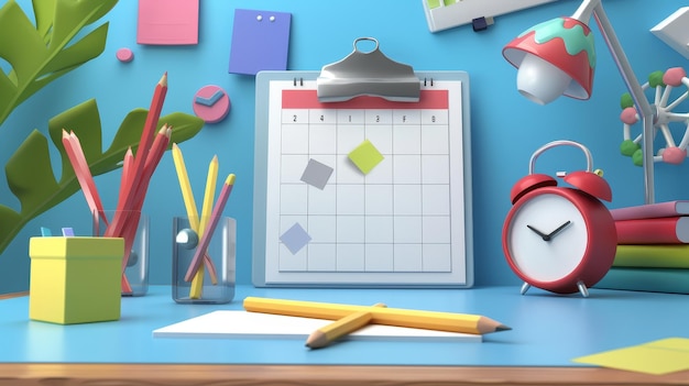 O conceito de planejador diário tem uma lista de verificação de calendário, despertador de lápis e notas adesivas. Conceito de prazo de programação do projeto e ilustração 3D do fluxo de trabalho