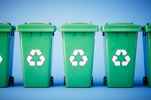 O conceito de reciclagem de resíduos Uma lata de lixo com ícones de reciclagem em renderização 3D de fundo azul