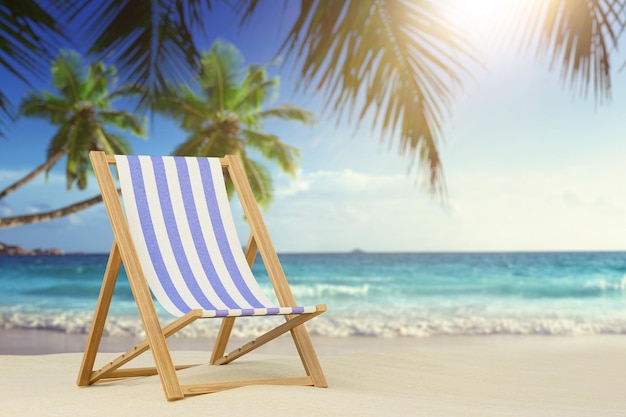O conceito de relaxar na praia Espreguiçadeira de praia em uma praia entre palmeiras renderização 3D