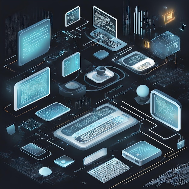 O conceito de segurança de dados digitais e da Internet3d Ilustração monitor de computador com ícones digitais con