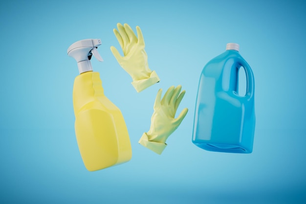 Foto o conceito de trabalho na limpeza de detergente e luvas de borracha para limpeza em um fundo azul