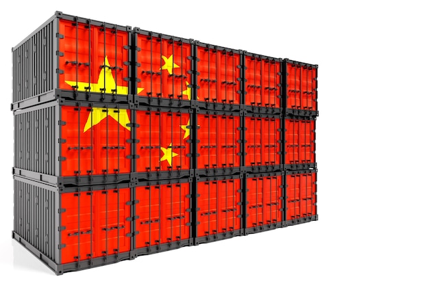 O conceito de transporte de contêineres de exportação e importação da China e entrega nacional de mercadorias O contêiner de transporte com a bandeira nacional da China é visto de frente