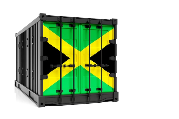 O conceito de transporte de contêineres de exportação e importação da Jamaica e entrega nacional de mercadorias em contêiner de ilustração 3D com a bandeira nacional da Jamaica vista frontal