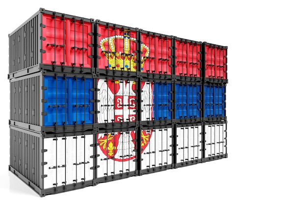 O conceito de transporte de contêineres de exportação e importação da Sérvia e entrega nacional de mercadorias O contêiner de transporte com a bandeira nacional da Sérvia é visto de frente