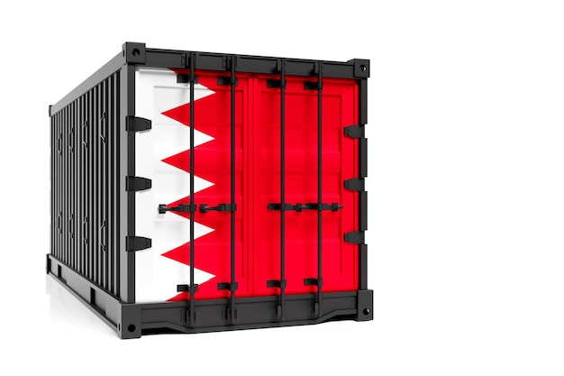 O conceito de transporte de contêineres de exportação e importação do Bahrein e entrega nacional de mercadorias O contêiner de transporte com a bandeira nacional do Bahrein é visto de frente