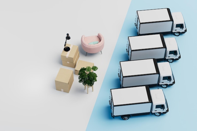 O conceito de transporte em movimento de coisas por caminhões caminhões em um fundo azul e caixas
