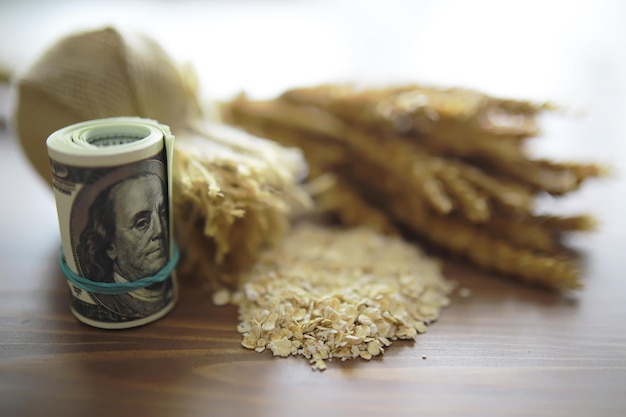 O conceito do custo do grão Notas de 5000 rublos em torno de um punhado de grãos moídos Fome mundial