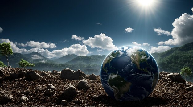 Foto o conceito do dia da terra salva o mundo globo em musgo globo e floresta planeta ecológico terra natureza fundo 8k