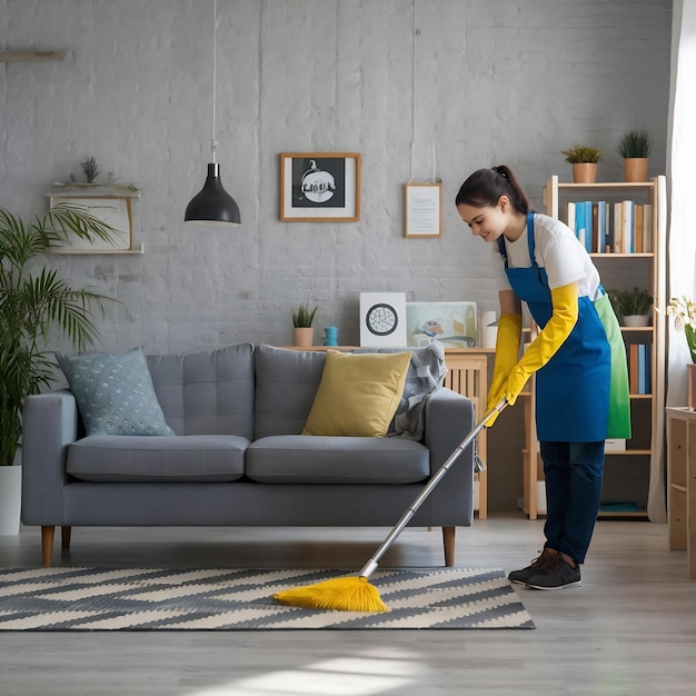 Foto o conceito do trabalho de uma empresa de limpeza de sofá e lavagem do chão