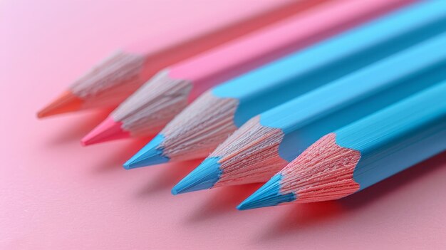 O conceito mínimo de classificação de lápis em papel pastel rosa e azul de fundo