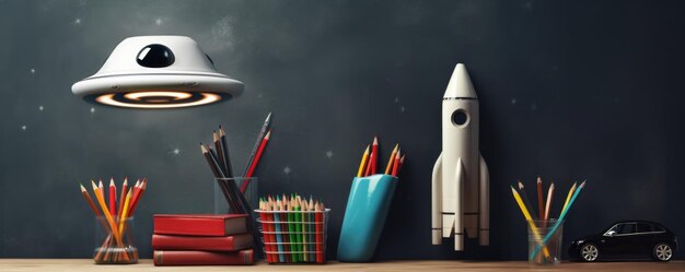 Foto o conceito start school ganha vida com materiais escolares em uma mesa e uma ilustração de foguete em um quadro