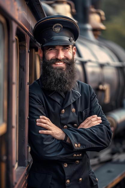 O condutor de comboio de barba sorridente com os braços cruzados de pé na frente da locomotiva