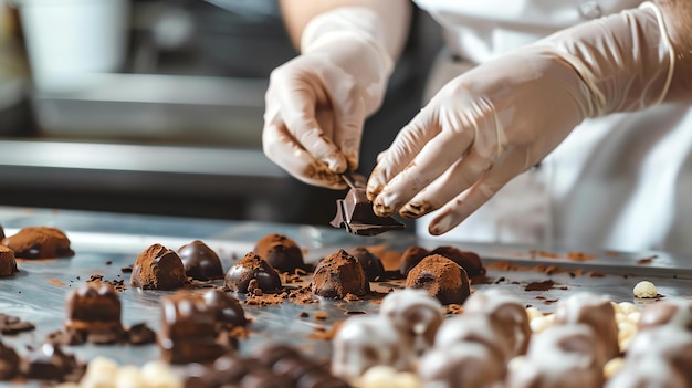 O confeiteiro de luvas brancas espalha pó de cacau em trufas de chocolate feitas à mão com uma colher pequena O processo de fazer sobremesas deliciosas