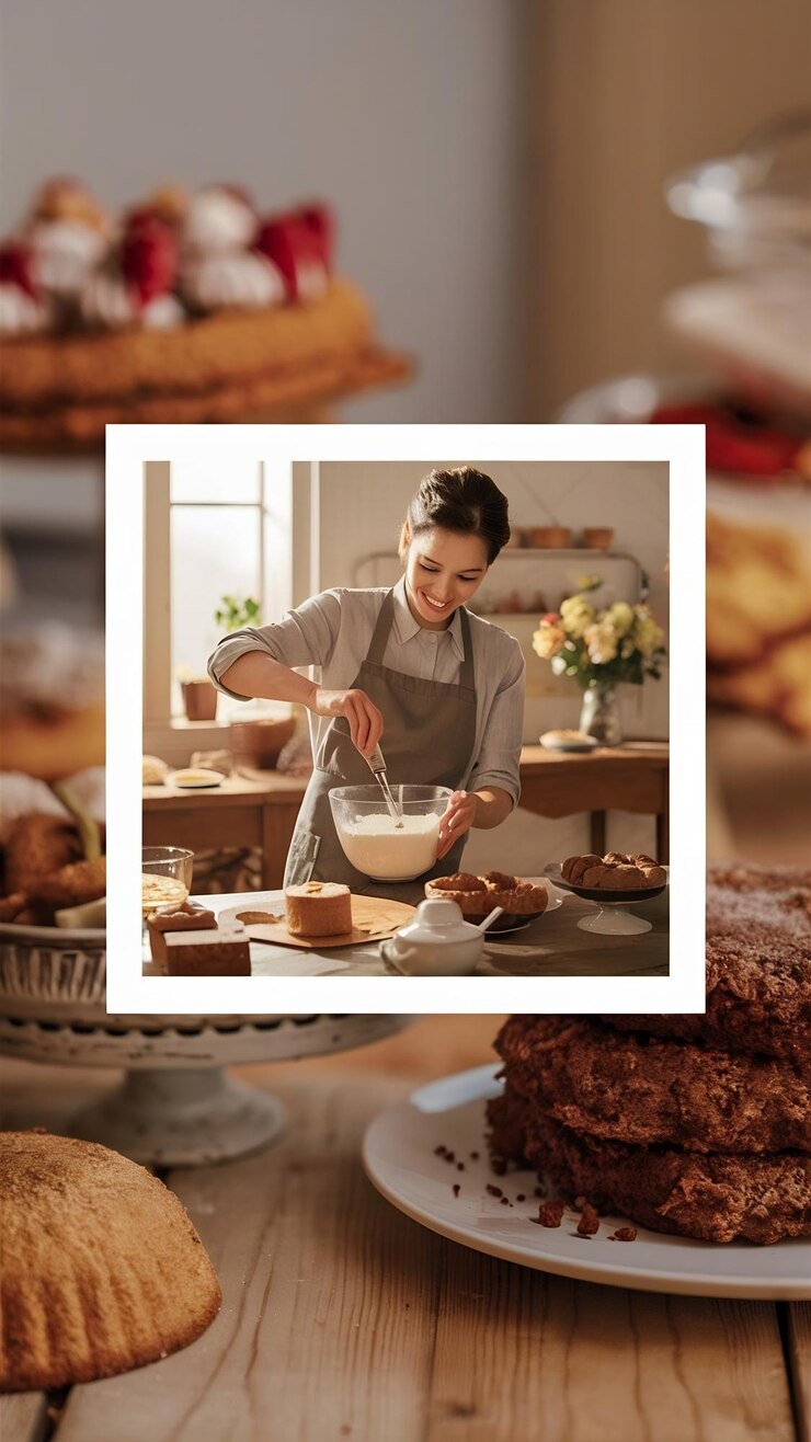 Foto o confeiteiro mistura os ingredientes. a senhora está a preparar a sobremesa. a mulher faz um bolo.