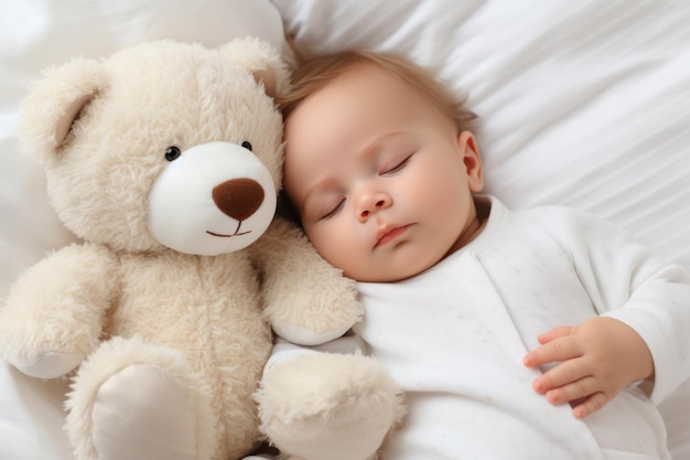 O conforto do bebé, o bebé a dormir na cama, a aconchegar-se a um ursinho de brinquedo, o encanto de uma rotina de sono saudável.