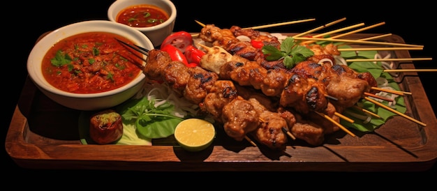 O conhecido prato de comida de rua tailandesa inclui carne de porco, frango, peixe, almôndegas e salsicha no espeto