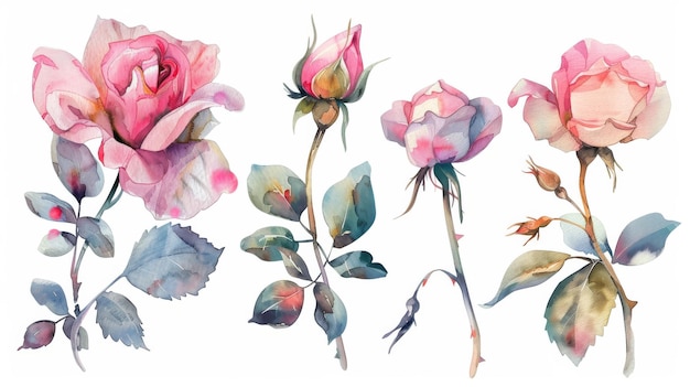 O conjunto consiste em flores à aquarela Ilustração floral pintada à mão Buquê de rosas cor-de-rosa Arranjos para cartões de saudação têxteis Abstracção de galhos de flores isolados em um fundo branco