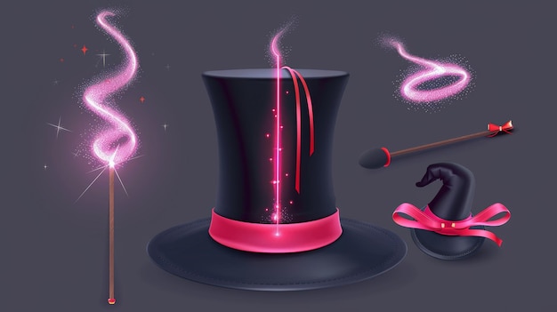 Foto o conjunto de clips 3d inclui um chapéu de mágico e varinha mágica com luz de feitiço e brilhos um cilindro preto ilusionista com brilho misterioso e bastão para milagres