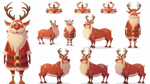 Foto o conjunto de personagens modernas de renas inclui rudolph e papai noel isolados em um fundo branco.